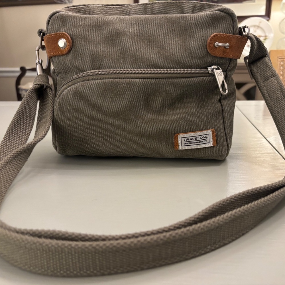 Travelon Olive Green Crossbody Bag with Brown Accents - Picture 2 of 9